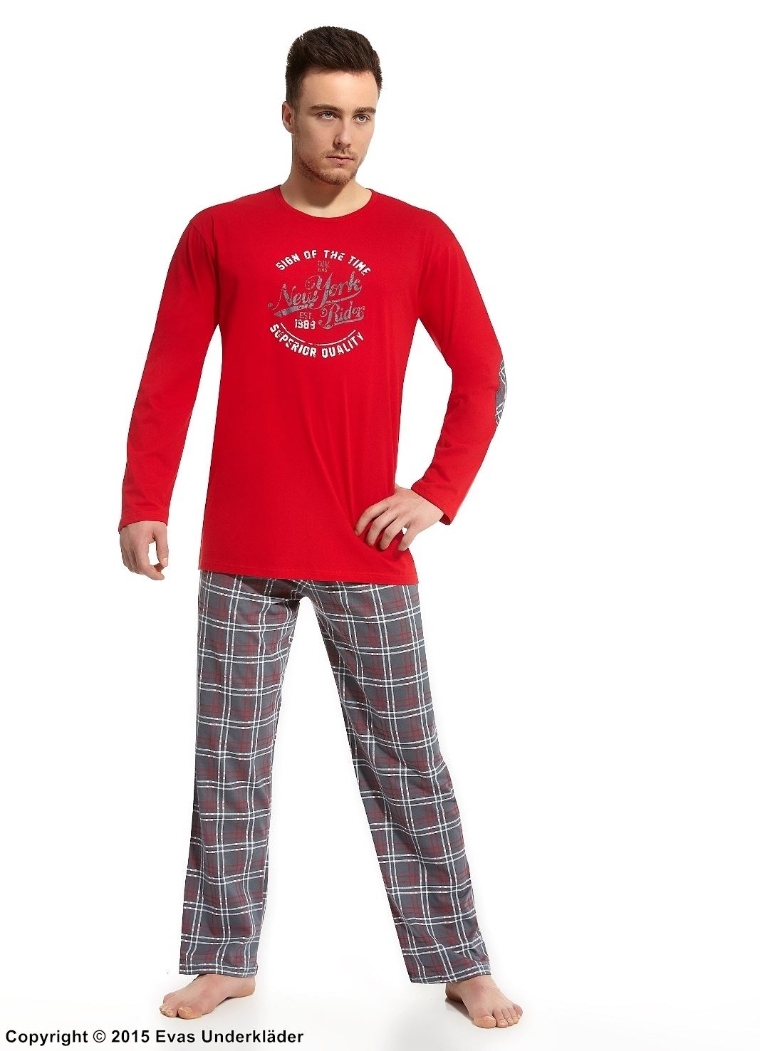 Röd och rutig pyjamas med tryck framtill